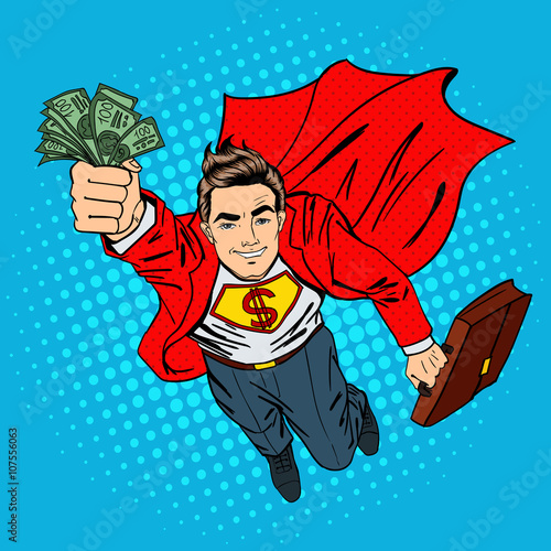Super Businessman. Flying Businessman. Man with Money. Successful Businessman
