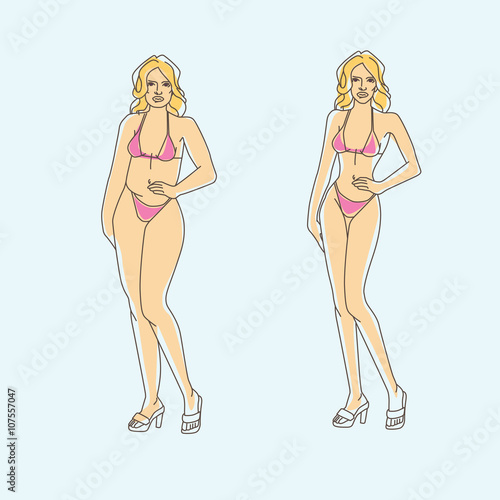 Weight loss illustrations of skinny and fat woman for infographic