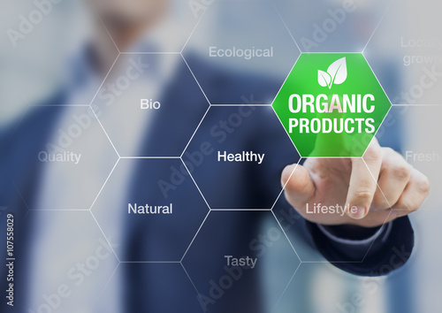 Organic products concept, businessman touching green button