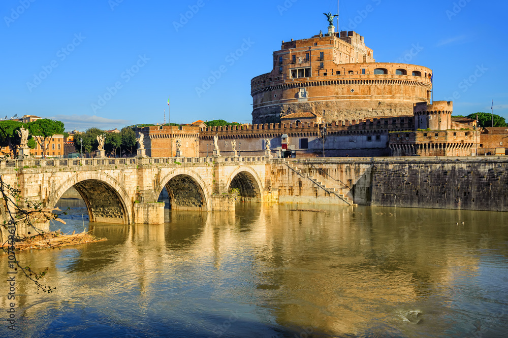 Castel Sant'Angelo reflecting in Tiber river, Rome, Italy