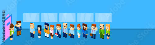 Business People Group Crowd Stand In Line To Door Office Waiting
