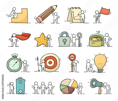 Business icons set of sketch working little people with lamp idea, target. Doodle cute miniature scenes of workers. Hand drawn cartoon vector illustration for business design and infographic.