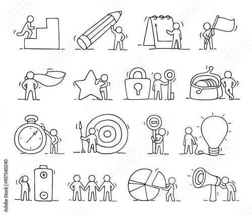 Business icons set of sketch working little people with lamp idea, target. Doodle cute miniature scenes of workers. Hand drawn cartoon vector illustration for business design and infographic.