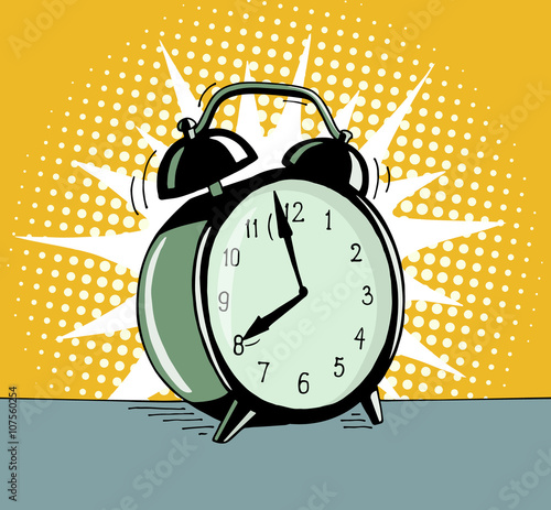 Cartoon pop art alarm clock. Comic retro hand drawn illustration - The alarm clock is ringing to wake up in the morning. Vector isolated on yellow halftone background.