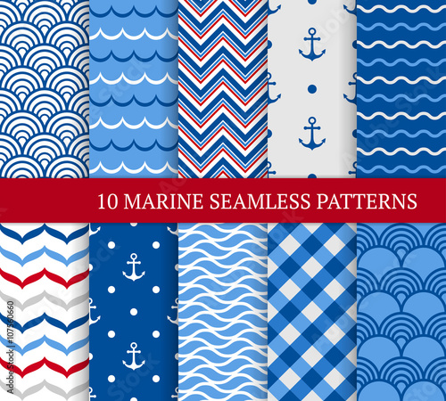 Ten marine different seamless patterns.