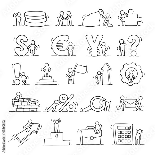 Finance and business icons set of sketch working little people