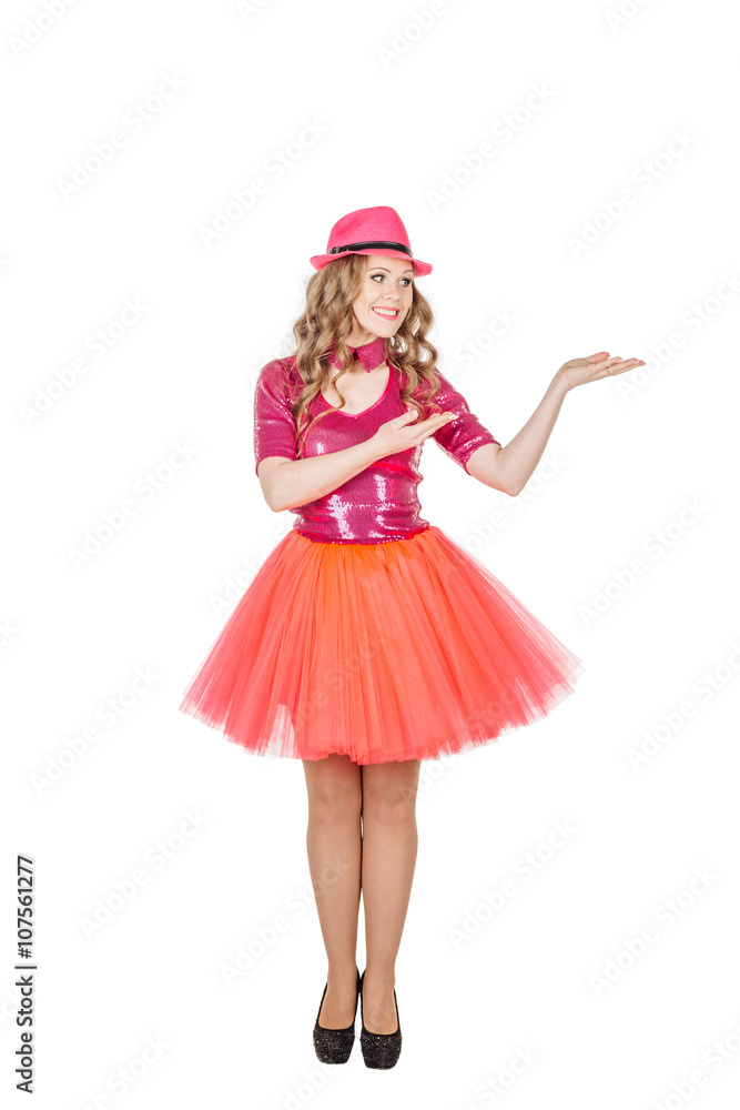 Blonde show girl showing copy space for product or advertising text Blonde show girl showing copy space for product or advertising text