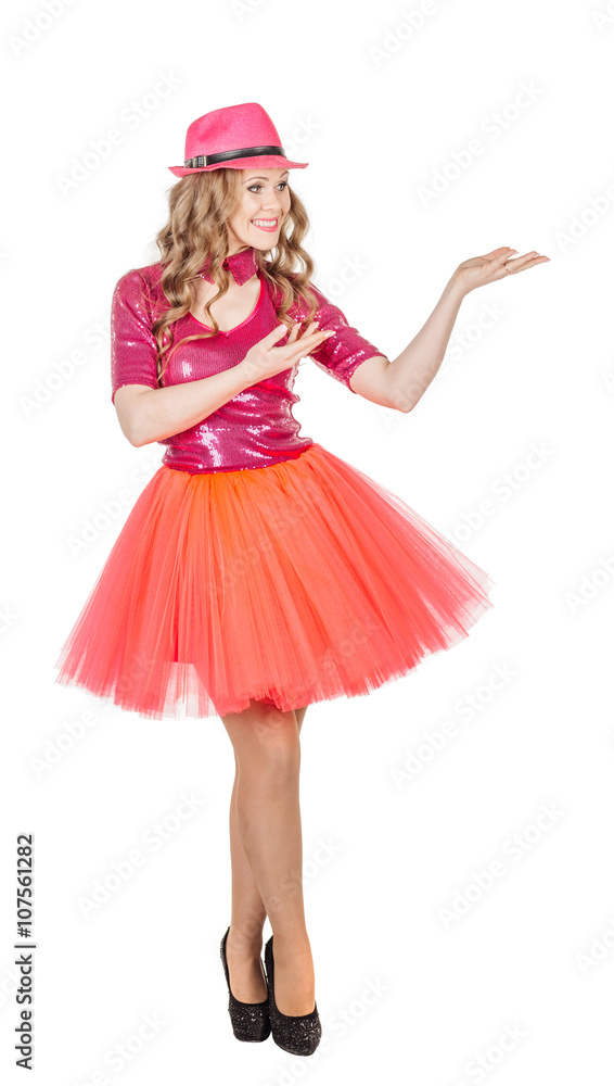 Blonde show girl showing copy space for product or advertising text. isolated on white background Blonde show girl showing copy space for product or advertising text. isolated on white background