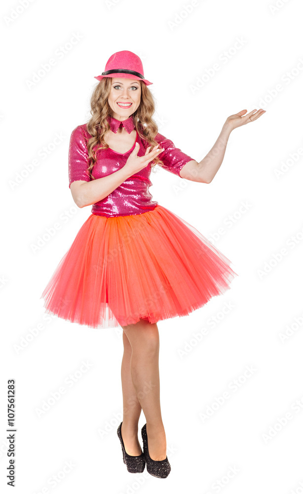 Blonde show girl showing copy space for product or advertising text Blonde show girl showing copy space for product or advertising text