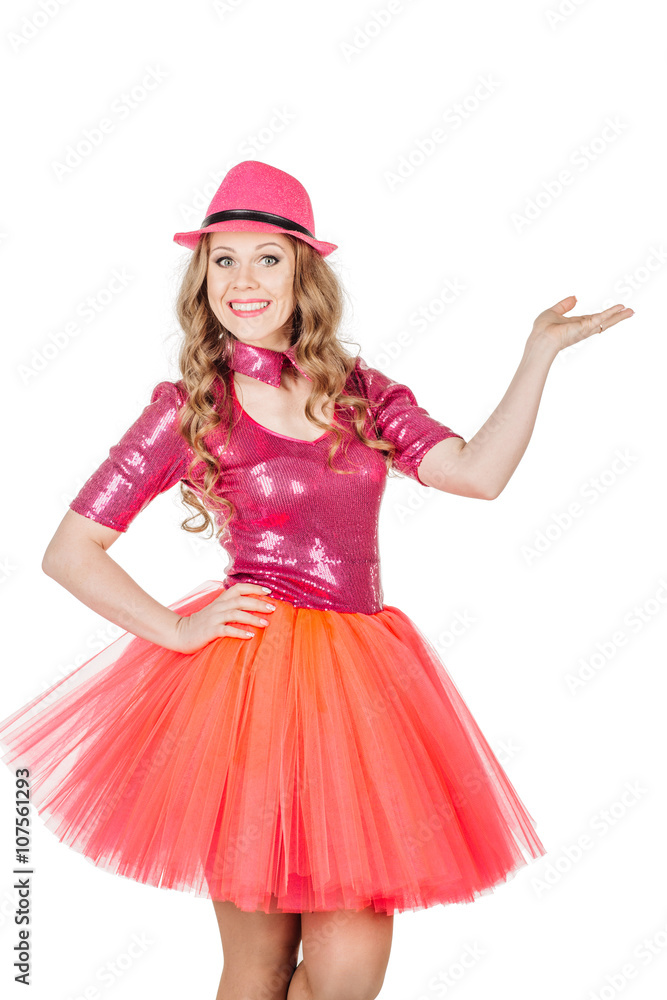 Blonde show girl showing copy space for product or advertising text Blonde show girl showing copy space for product or advertising text