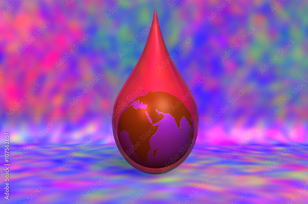 Fototapeta premium 3D illustration. World Haemophilia day 17 April. An earth globe inside a blood drop with a colorful background.