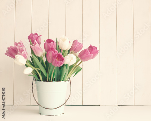 Pink and white tulips in a vintage white tin bucket
