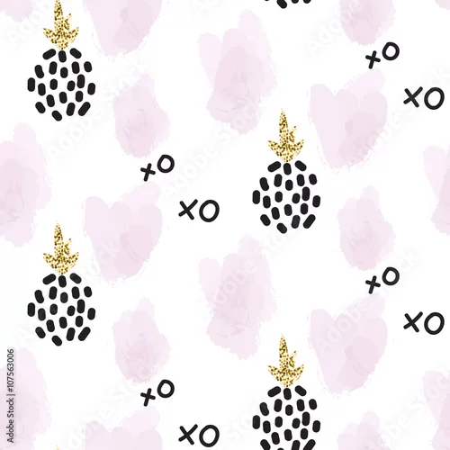 Tapety Brokatowy skandynawski ornament z ananasa xoxo. Kolekcja złota wektor wzór. Nowoczesne błyszczące detale i stylowe faktury różowych pociągnięć pędzla.