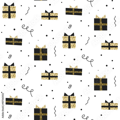 Glitter scandinavian ornament. Vector gold birthday gift boxes seamless party wrap pattern collection. Modern shimmer details stylish texture.