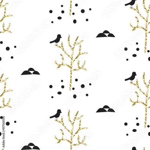 Tapety Brokatowy skandynawski ornament. Wektor złoto drzew lasy z kolekcji czarny ptak wzór. Nowoczesny połysk podkreśla stylową teksturę.