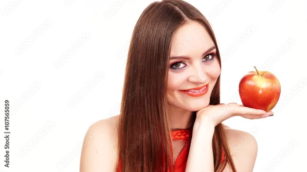 Woman charming girl colorful makeup holds apple fruit 4K Woman charming girl colorful makeup holds apple fruit 4K
