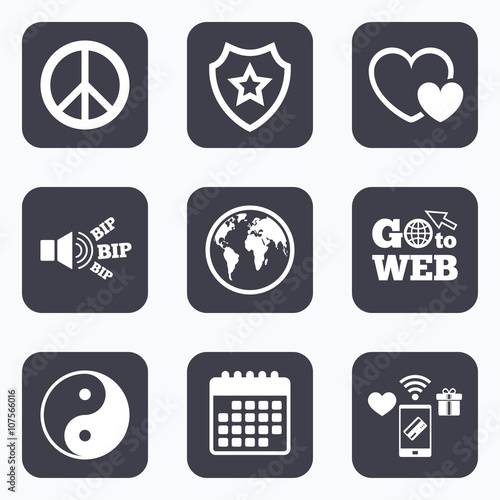 World globe icon. Ying yang sign. Hearts love.