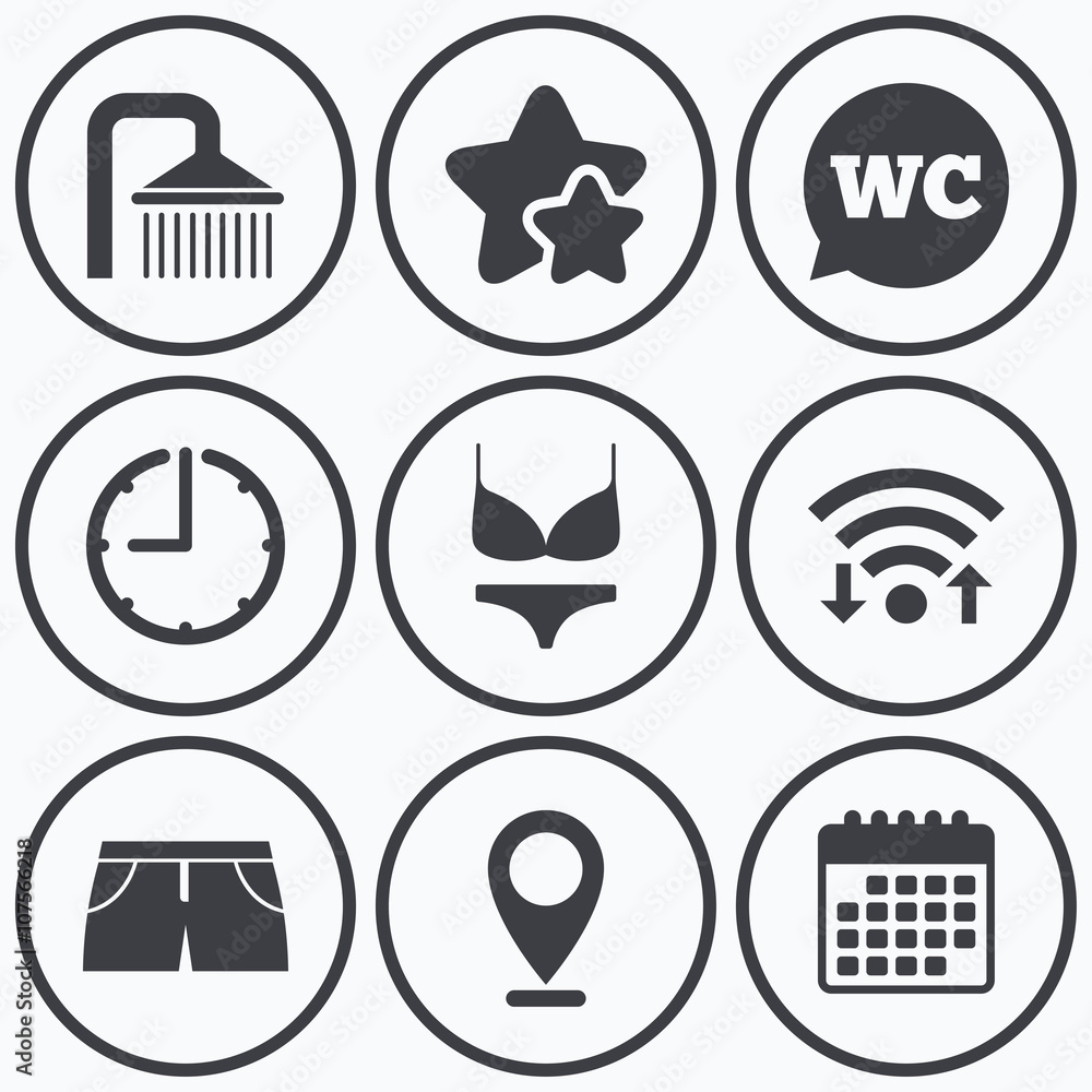 Swimming pool icons. Shower and swimwear signs. Swimming pool icons. Shower and swimwear signs.