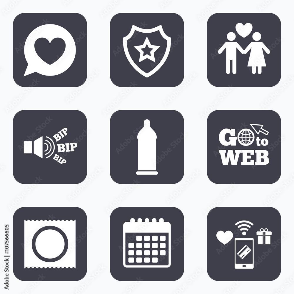 Condom safe sex icons. Lovers couple sign. Condom safe sex icons. Lovers couple sign.