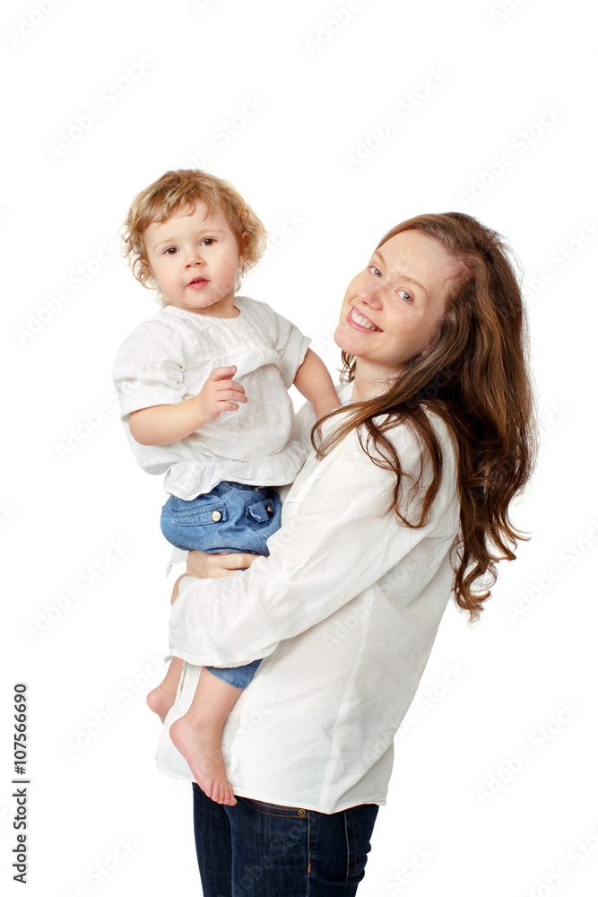 Mom holding the baby in her arms isolated Mom holding the baby in her arms isolated