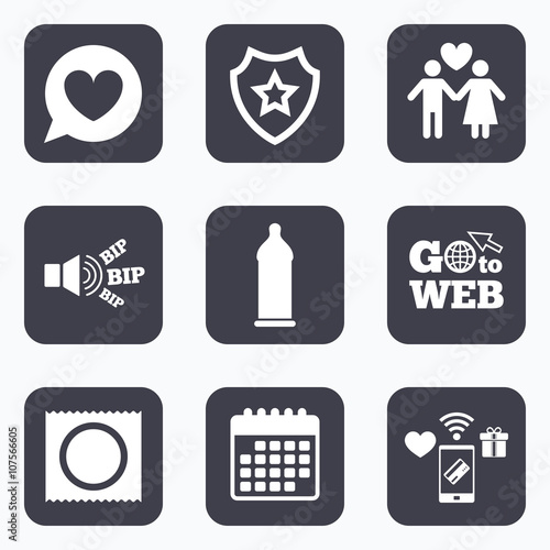 Condom safe sex icons. Lovers couple sign.