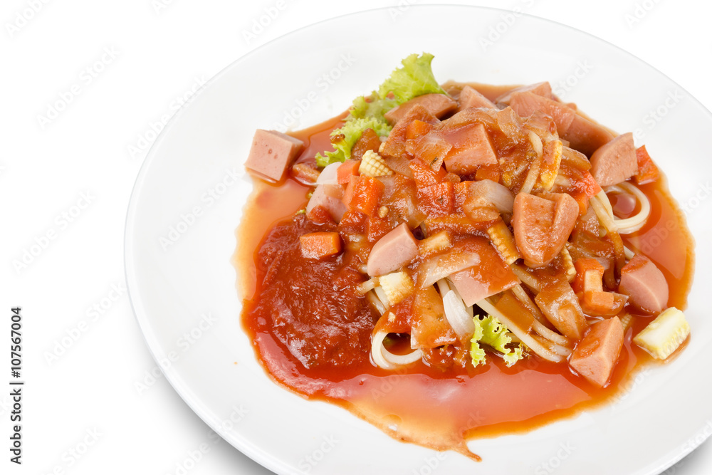 Spaghetti pasta with sausage on white background,clipping path. Spaghetti pasta with sausage on white background,clipping path.