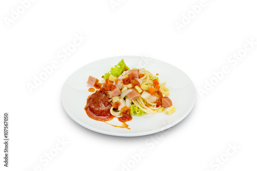 Spaghetti pasta with sausage on white background,clipping path.