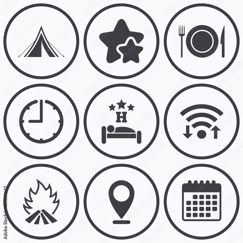 Food, sleep, camping tent and fire signs. Food, sleep, camping tent and fire signs.