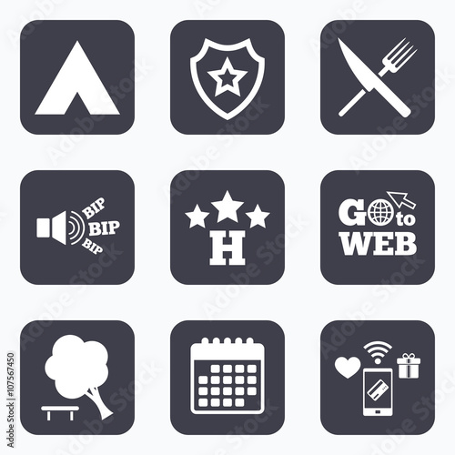 Food, hotel, camping tent and tree signs.