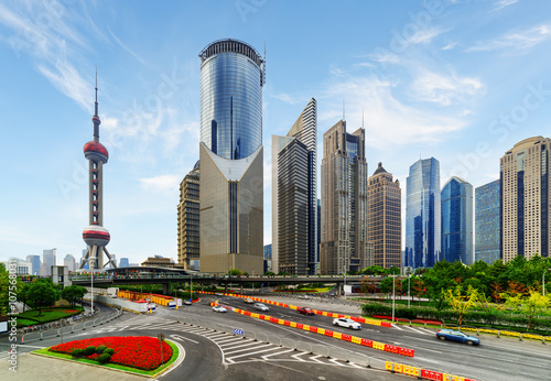Photography Modern view of skyscrapers on Century Avenue, Shanghai, China