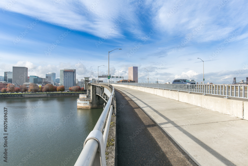 footpath on bridge and skyline and cityscape in portland