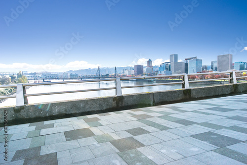 empty footpath with cityscape and skyline in portland