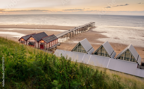 Clifftop view of Pier at sunset time of Saltburn by the Sea
