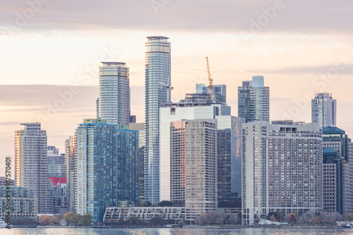 High-rise buildings  and skyscrapers line the waterfront of Toronto Harbour