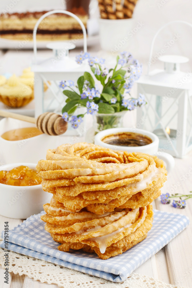 Churro donut at the breakfast table Churro donut at the breakfast table