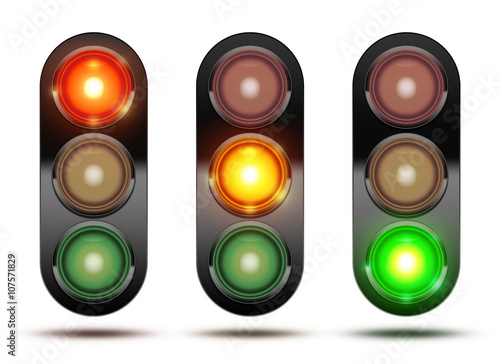 Collection of traffic lights showing the sequence of how the lights illuminate on a street corner.