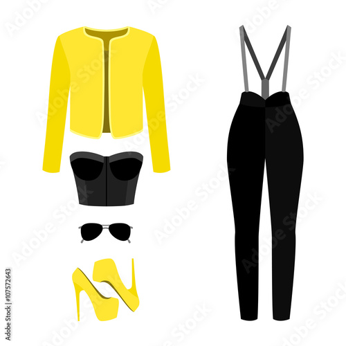 Set of trendy women's clothes with panties, jacket, bustier top and accessories. Vector illustration