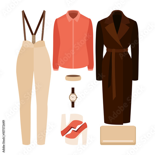 Set of trendy women's clothes with panties, coat, bustier top and accessories. Vector illustration