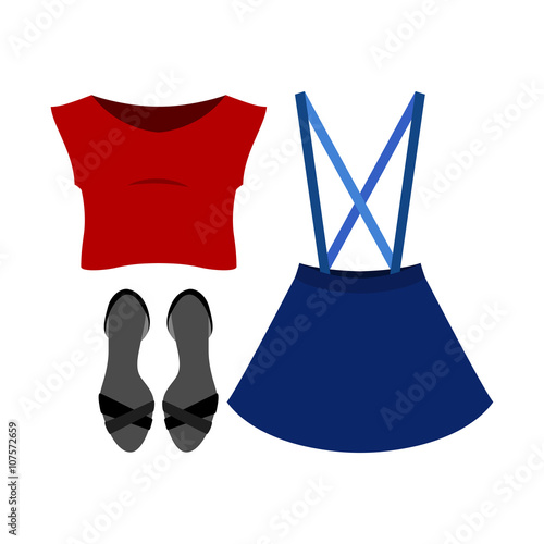 Set of trendy women's clothes with skirt, top and accessories. Vector illustration