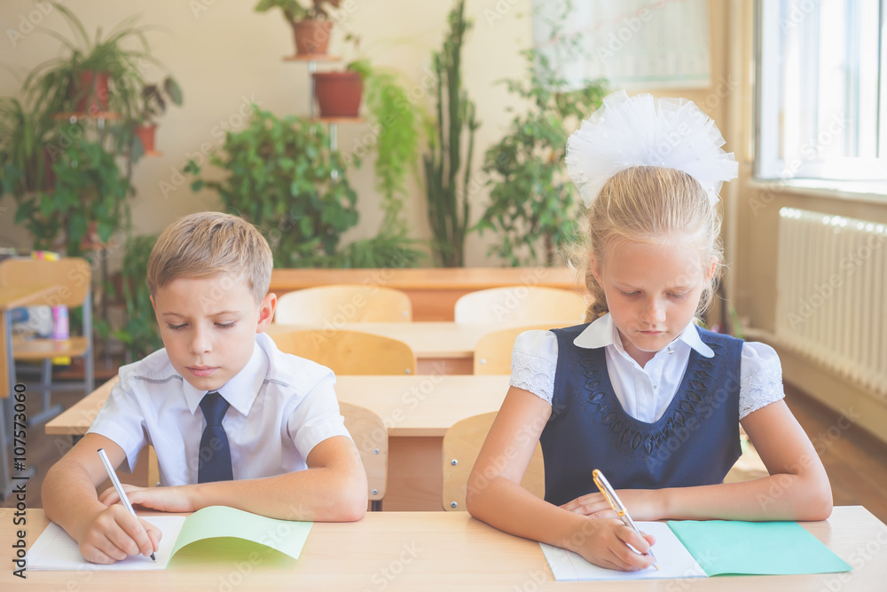 Students or classmates in school classroom sitting together at desk Students or classmates in school classroom sitting together at desk