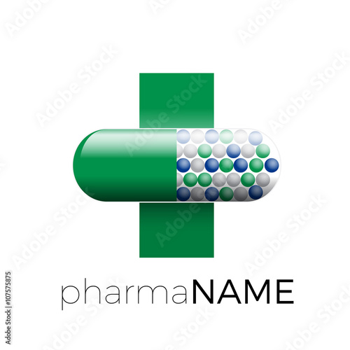Vector icon pharmacy. Green cross with pill