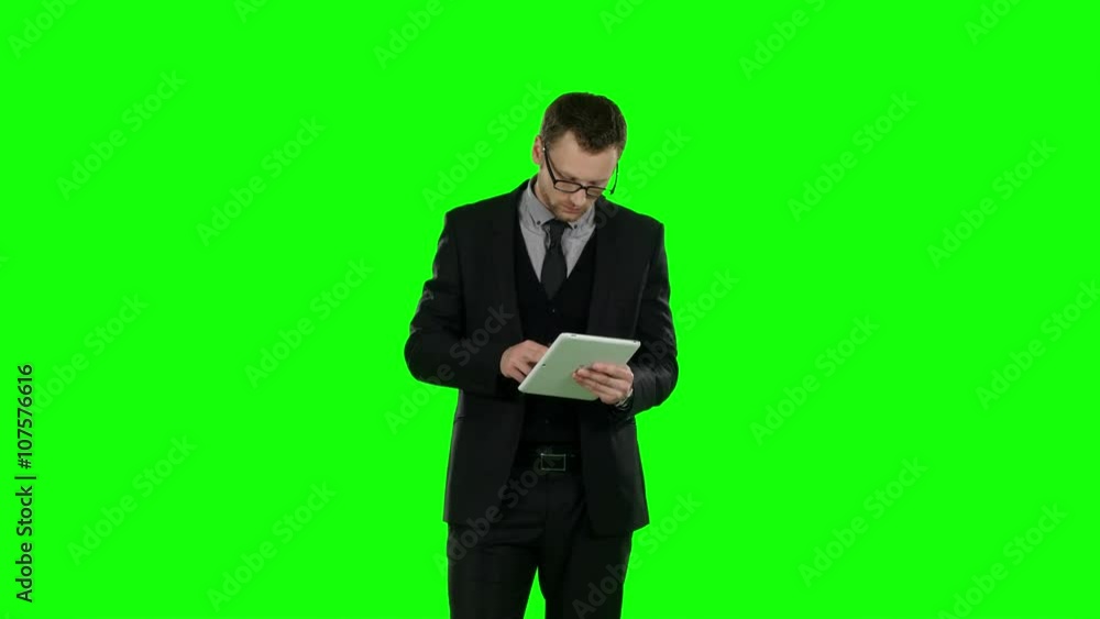 Business man use laptop. Green screen. Business man use laptop. Green screen.