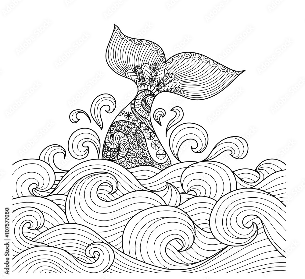 Fototapeta premium Ogon wieloryba w falistym projekcie linii oceanu do kolorowania książki dla dorosłych, znak, logo, projekt koszulki, karta i element projektu
