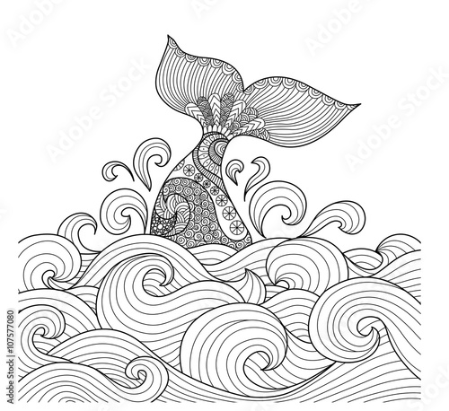 Whale tail in the wavy ocean line art design for coloring book fro adult,sign, logo, T-shirt design, card and design elelment