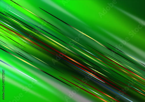 Abstract wavy green background covered with colored shiny stripes