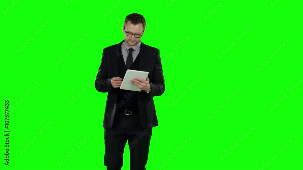 Business man makes online shopping . Green screen. Business man makes online shopping . Green screen.