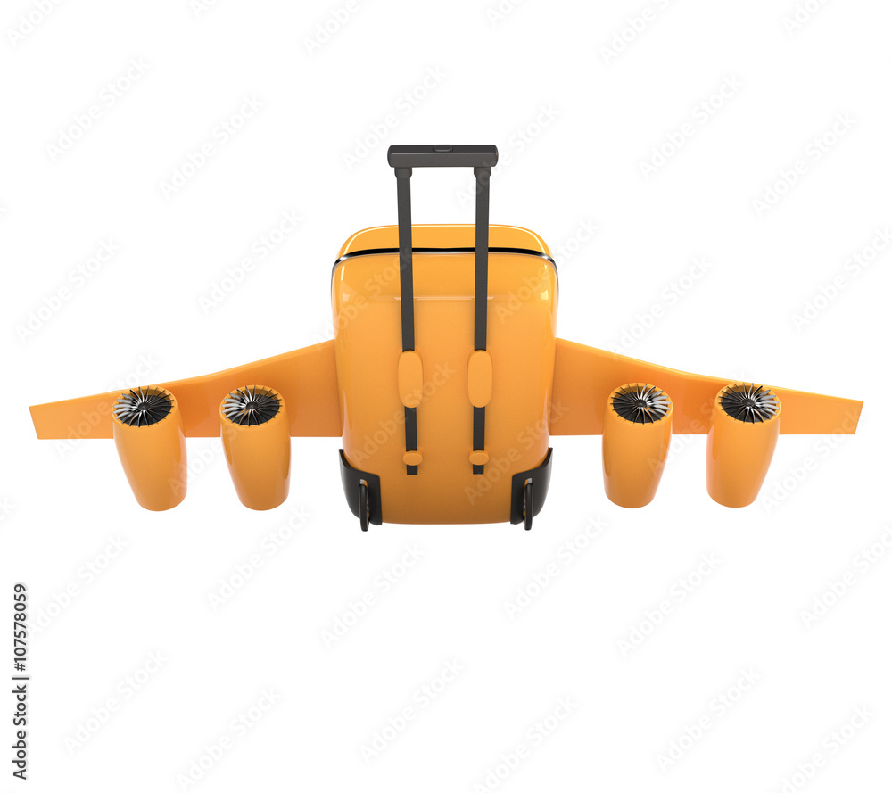 Fantastic suitcase with wheels, wings and engines. Concept trave Fantastic suitcase with wheels, wings and engines. Concept trave