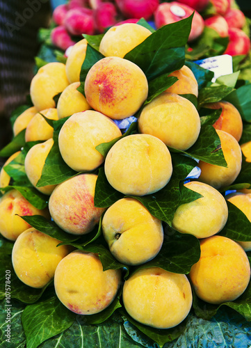 Fresh organic apricot with green leaves for sale on the La  Boqueria market, Europe's largest and most famous food markets, Barcelona, Spain
