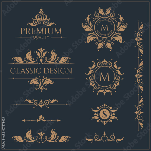 Set of monograms and borders. Graphic design pages. Template signage, logos, labels, stickers, cards.