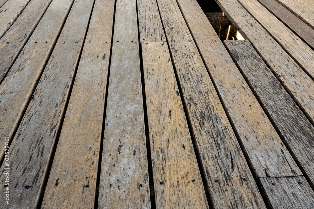 Old wooden planking. Hole in old wooden floor. Broken flooring. Old wooden planking. Hole in old wooden floor. Broken flooring.